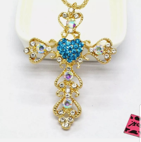 NWOT-BJ-Blue Cross Prayer Crystal Necklace - Picture 2 of 6